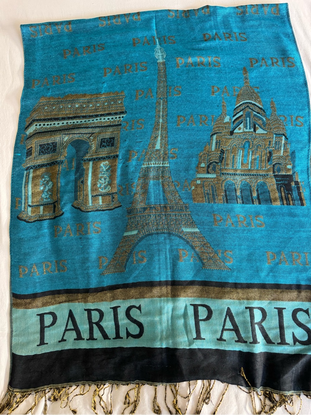 Paris Landmark Scarf in Teal and Gold